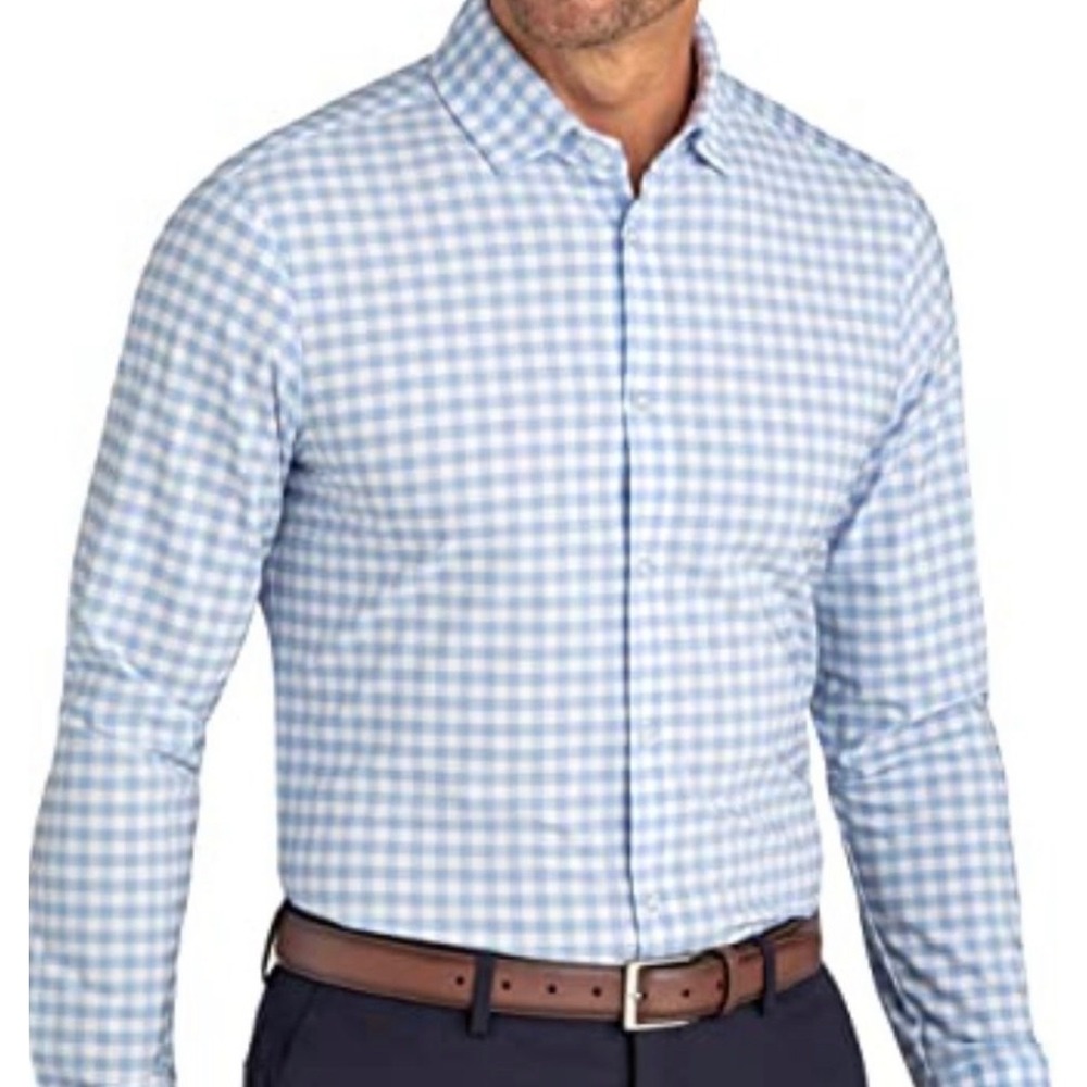 Mizzen+Main Leeward Blue White Gingham Performance Trim Fit Dress Shirt Mens M
